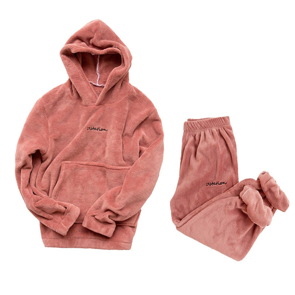 Ensemble pyjama d'hiver en flanelle polaire à capuche, coloris terracotta