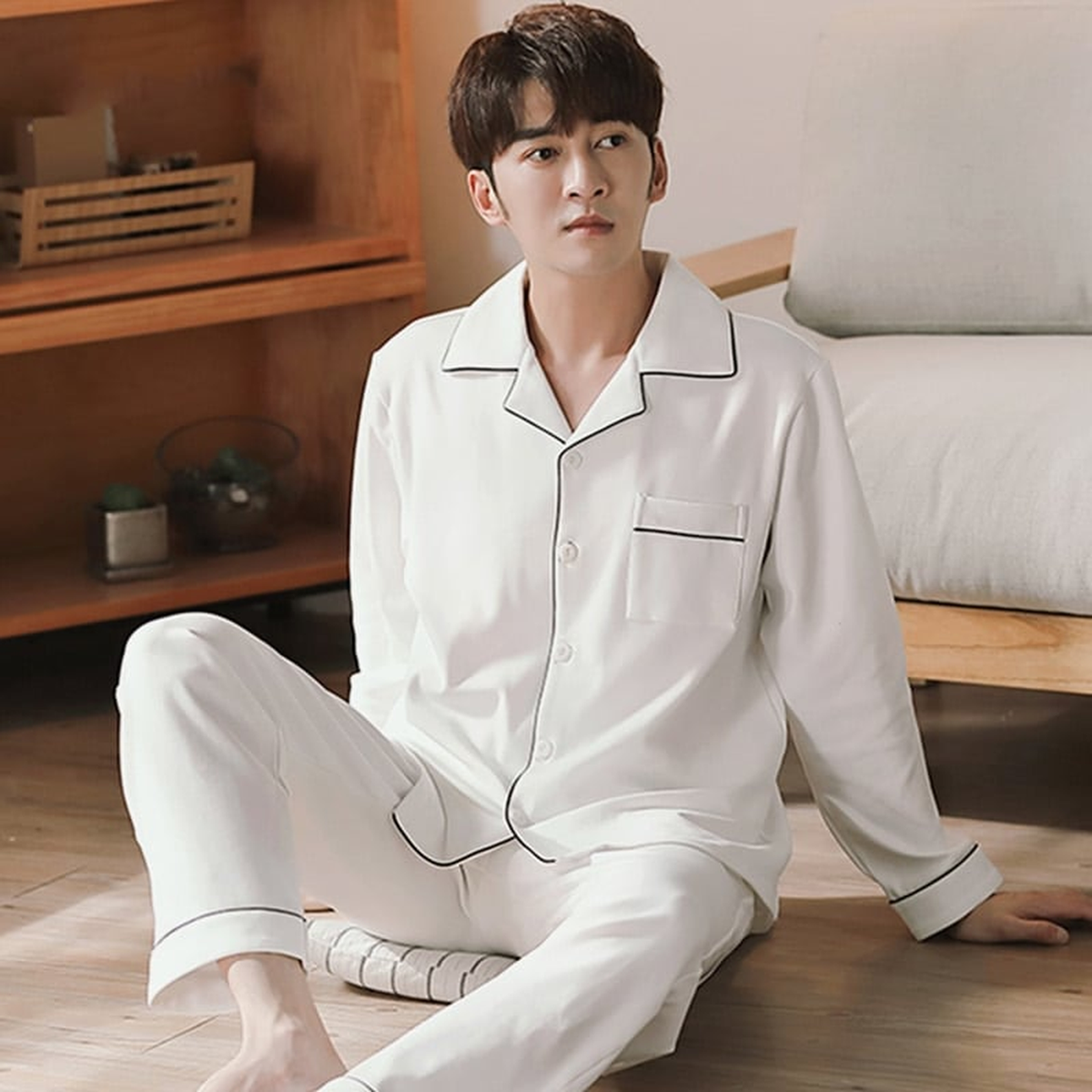 Pyjama uni en coton pour homme, col tailleur, coloris blanc