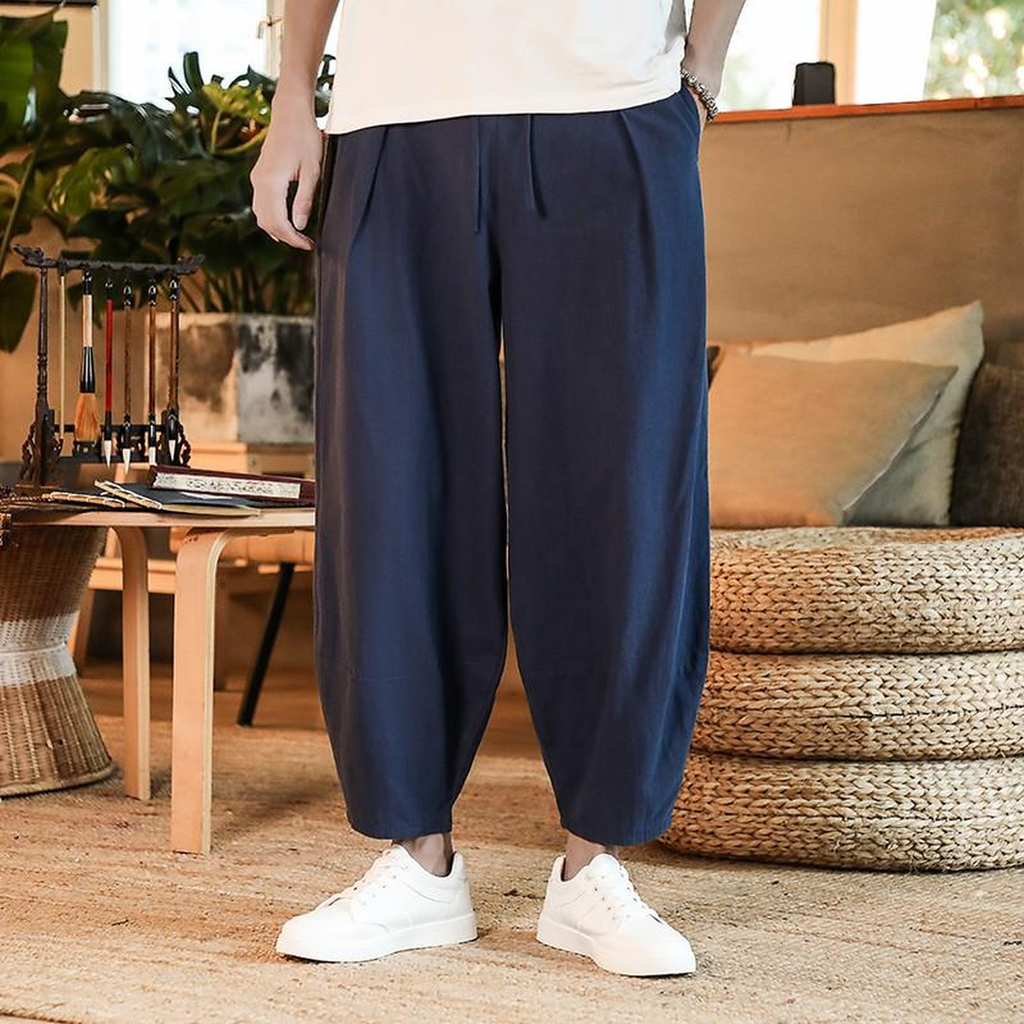 Pantalon sarouel d'intérieur en coton et lin, coloris bleu marine