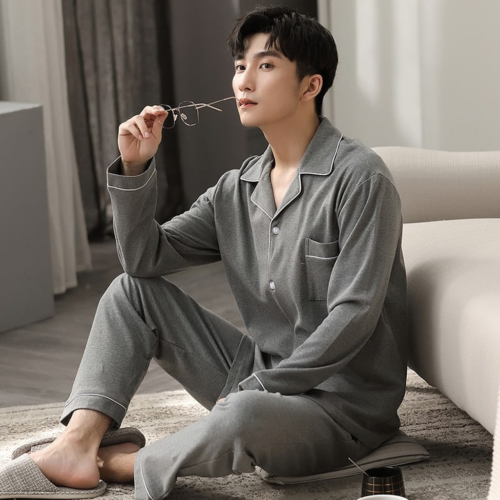 Pyjama uni en coton pour homme, col tailleur, coloris taupe