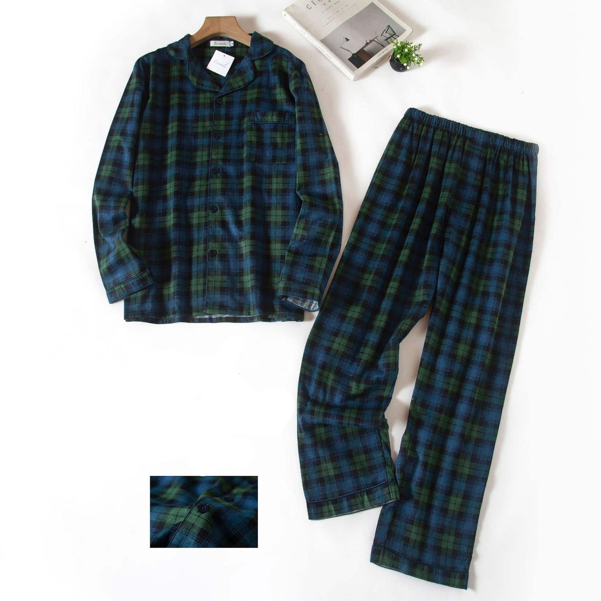Pyjama homme en coton à carreaux vert bouteille, motif numéro 4