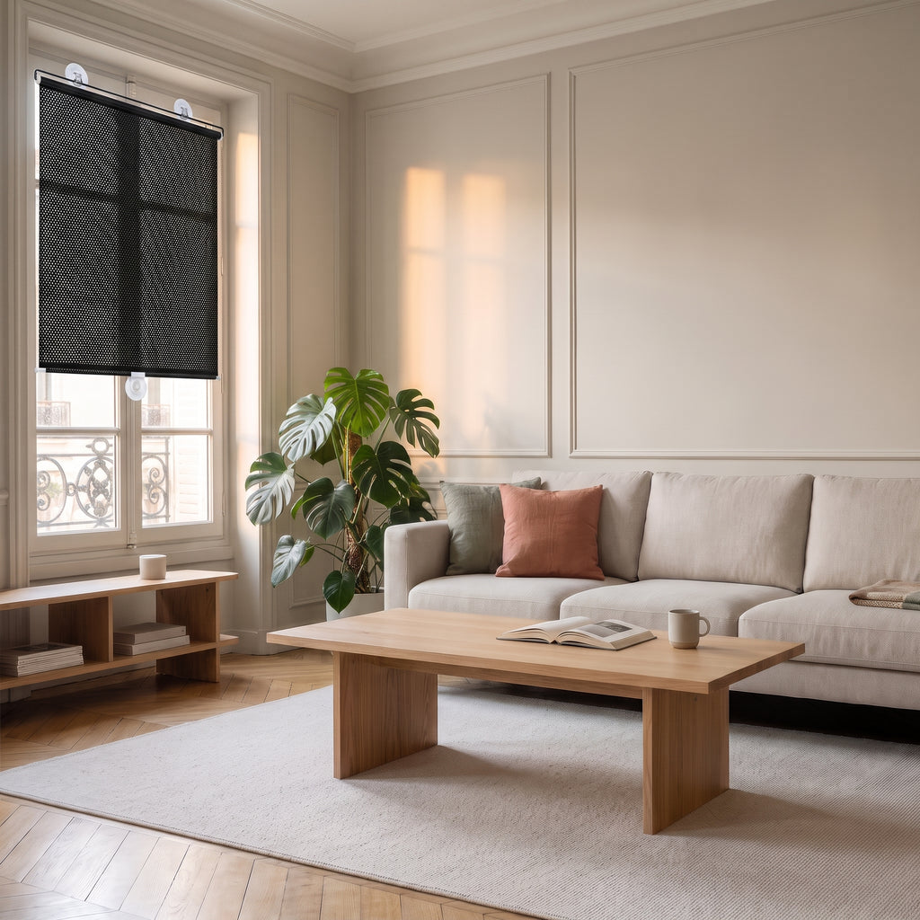 Store occultant noir deploye sur presque toute la largeur et les deux tiers de la hauteur d'un vantail de fenetre, fixe par deux ventouses