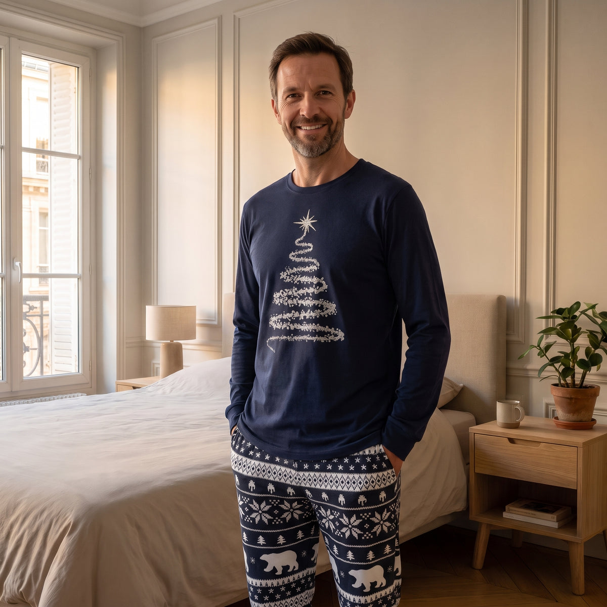 Pyjama de Noël famille Bleu marine, motif sapin, porté homme