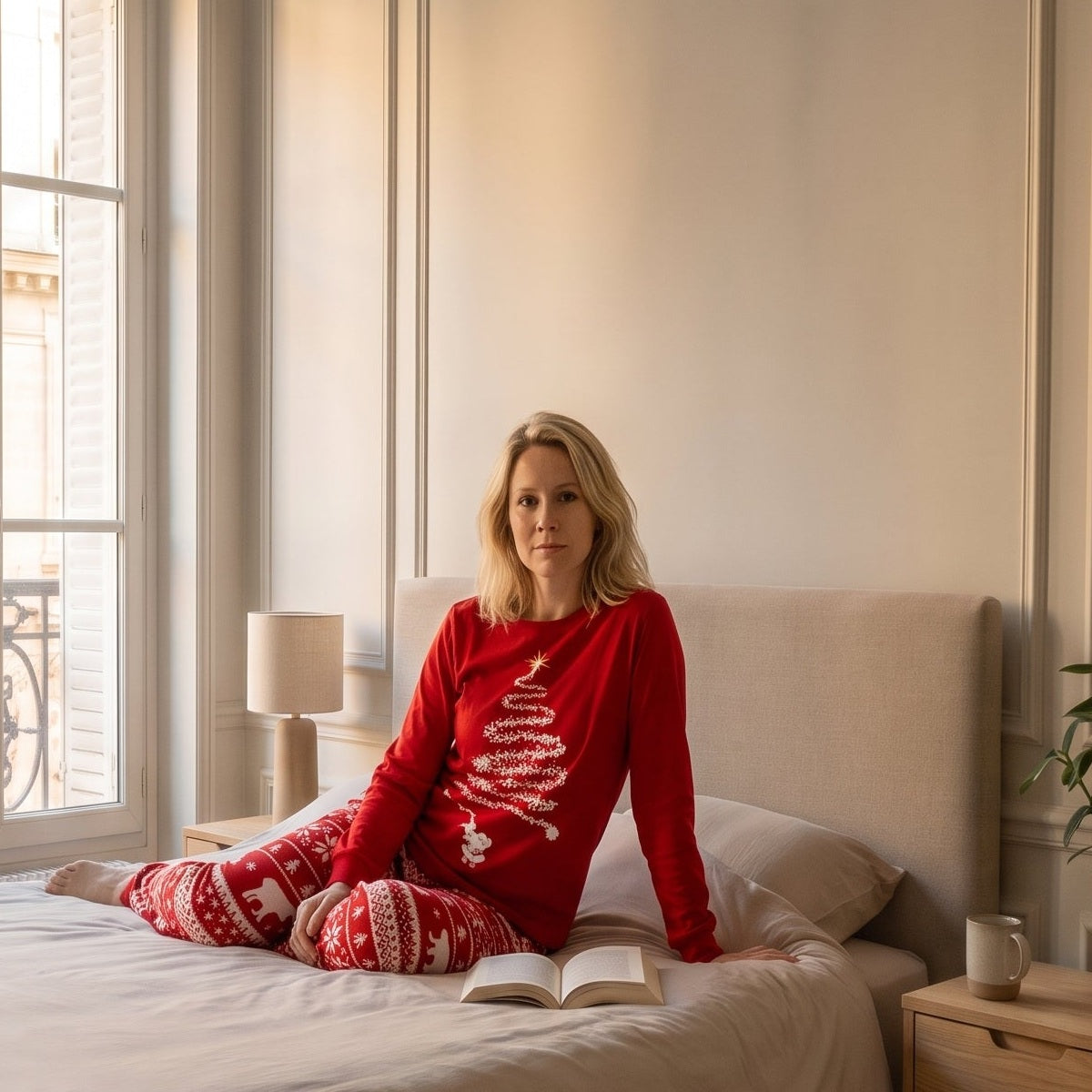 Pyjama de Noël rouge à motif sapin, porté femme en plan rapproché