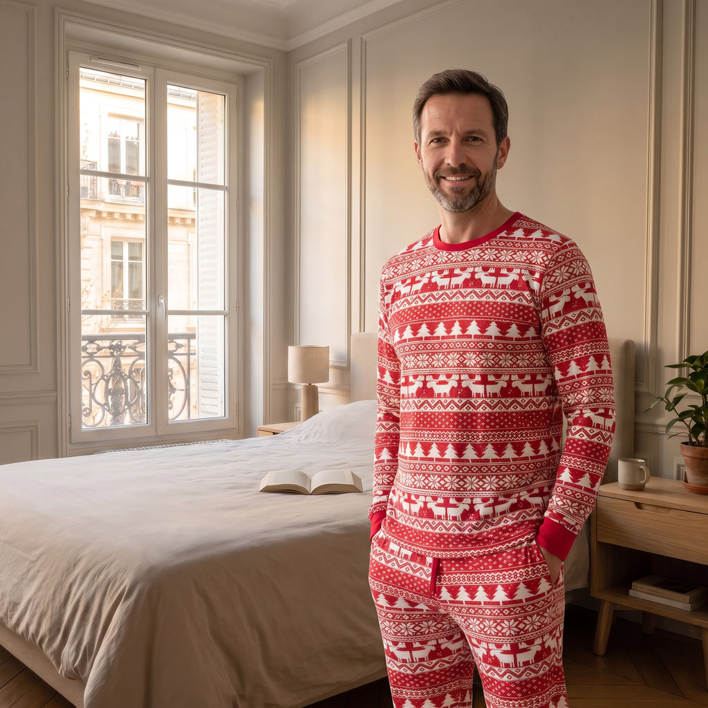 Pyjama de Noël famille Rouge, motif rennes, porté homme