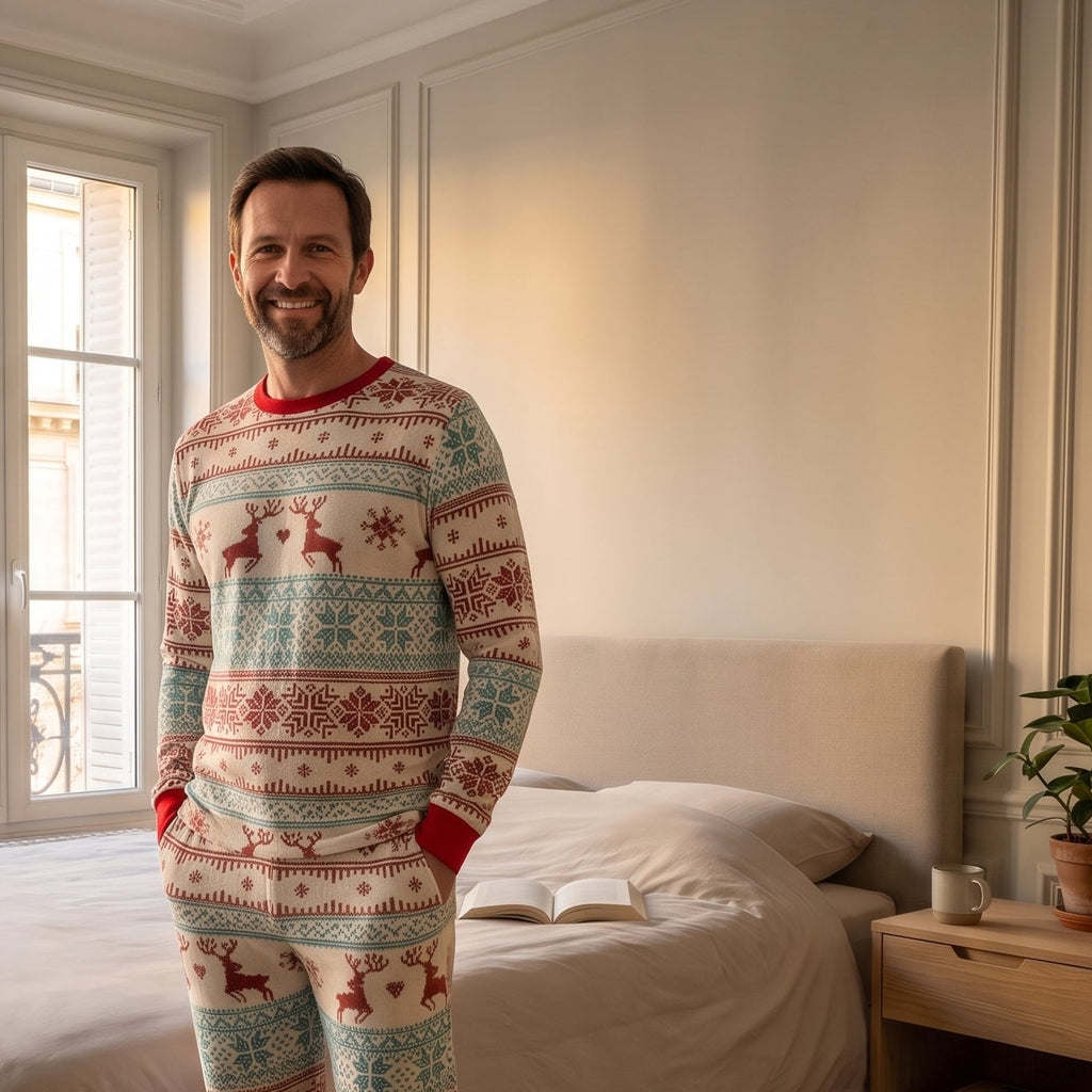 Pyjama de Noël écru et sarcelle à motif rennes, porté homme à mi-cuisse