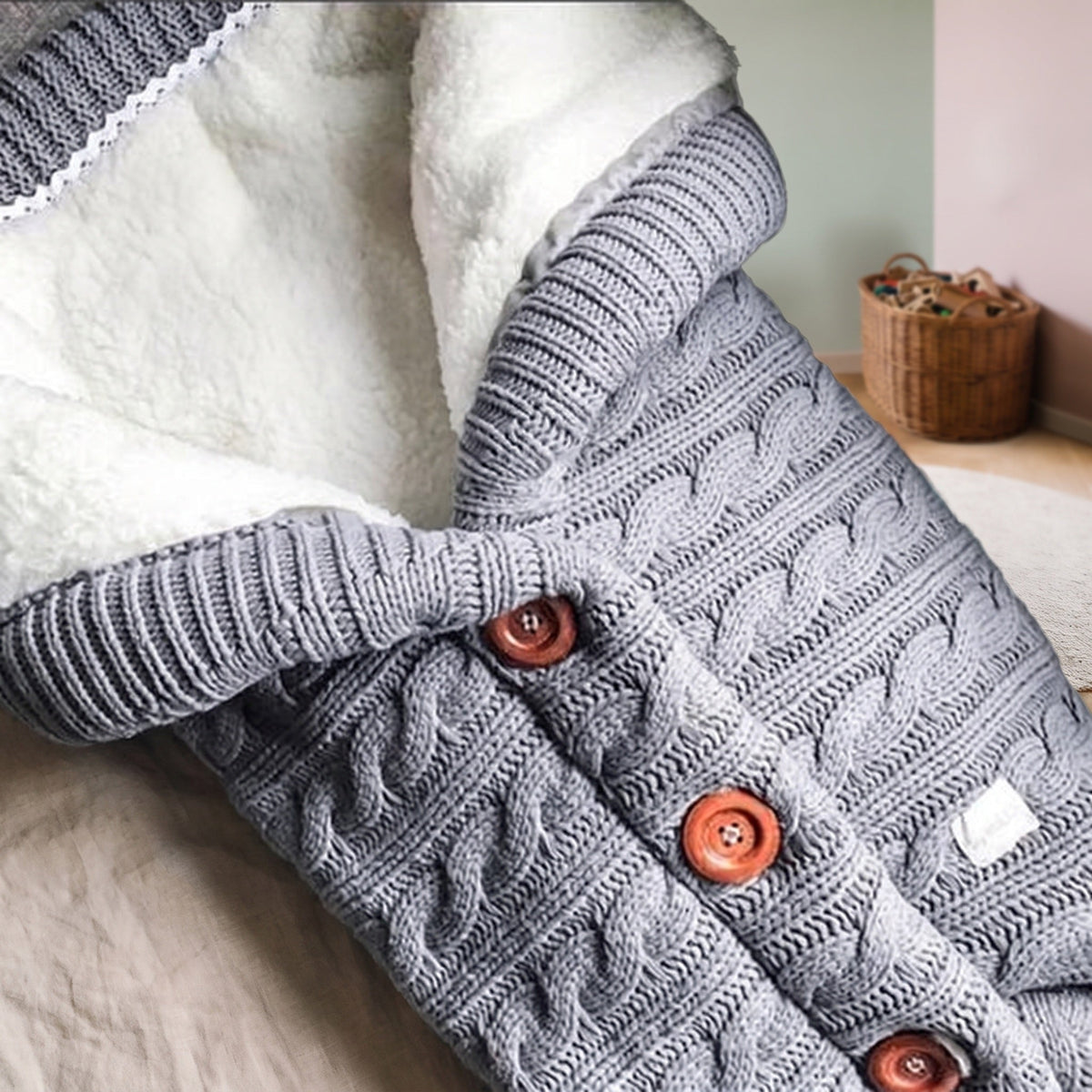 Gros plan sur la maille, la doublure blanche et les trois boutons du nid d’ange gris Image