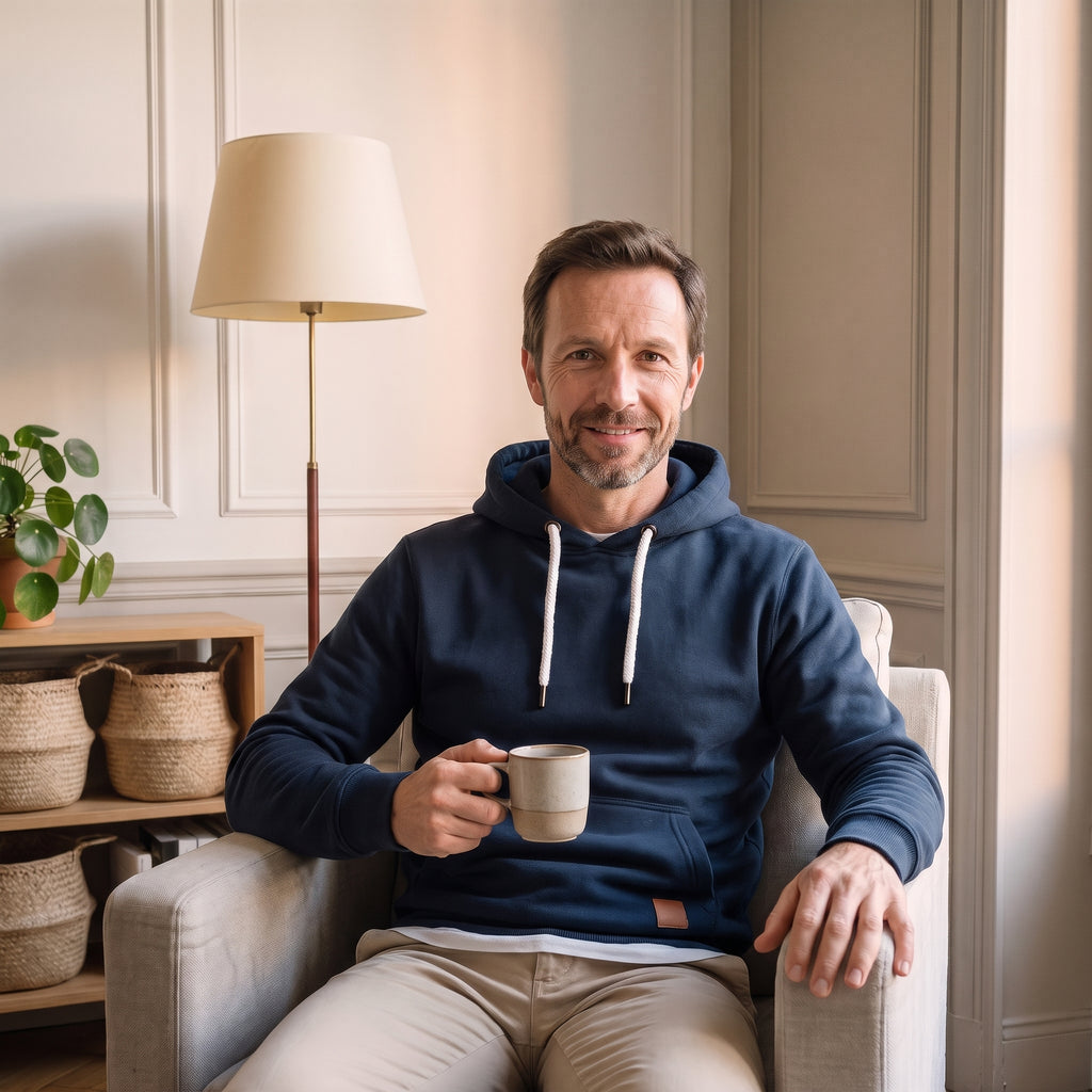 Homme en sweat à capuche bleu marine assis dans un fauteuil avec une tasse