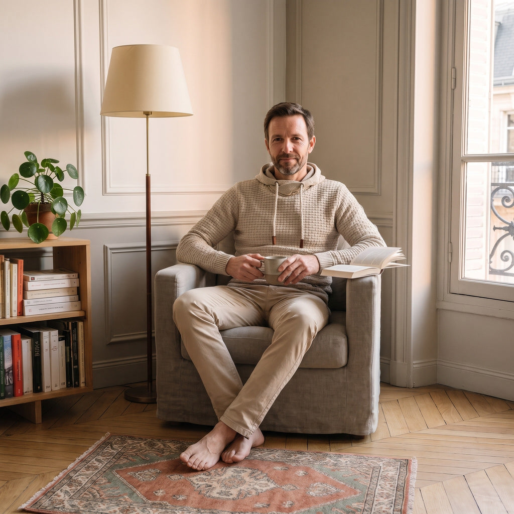 Homme assis dans un fauteuil en lin, en sweat à capuche gaufré beige, une tasse à la main et un livre ouvert posé sur l'accoudoir.