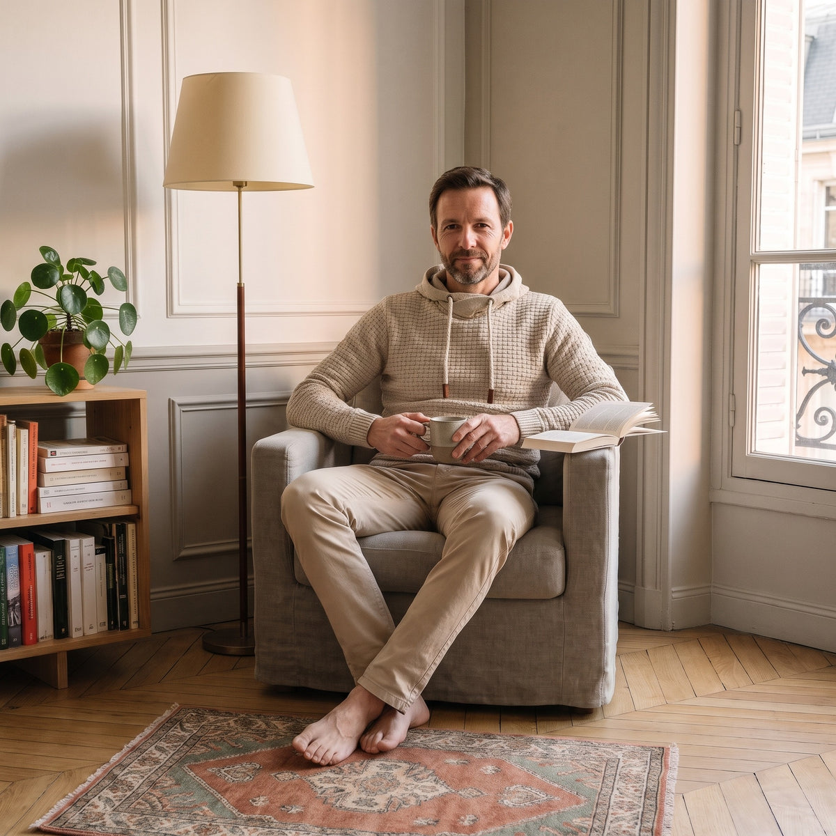 Homme assis dans un fauteuil en lin, en sweat à capuche gaufré beige, une tasse à la main et un livre ouvert posé sur l'accoudoir.