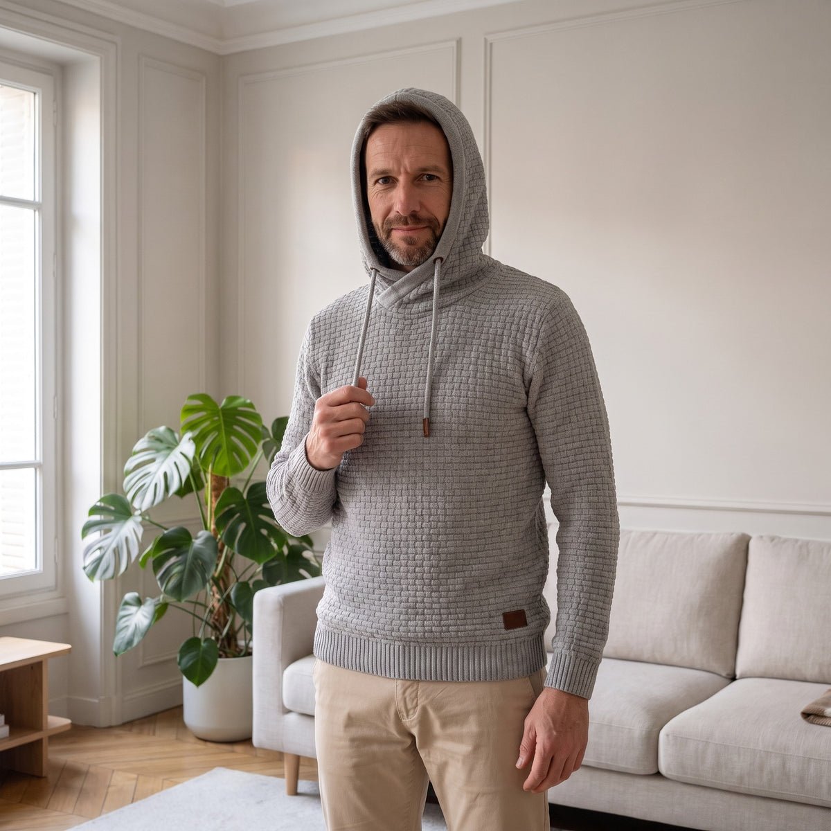 Sweat à capuche gaufré gris clair, capuche relevée sur la tête et cordon tiré, un brin tenu à hauteur de poitrine.