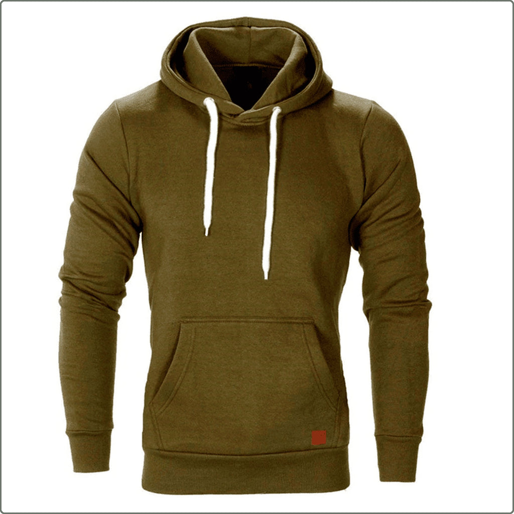 Sweat à capuche kaki vu de face avec poche ventrale