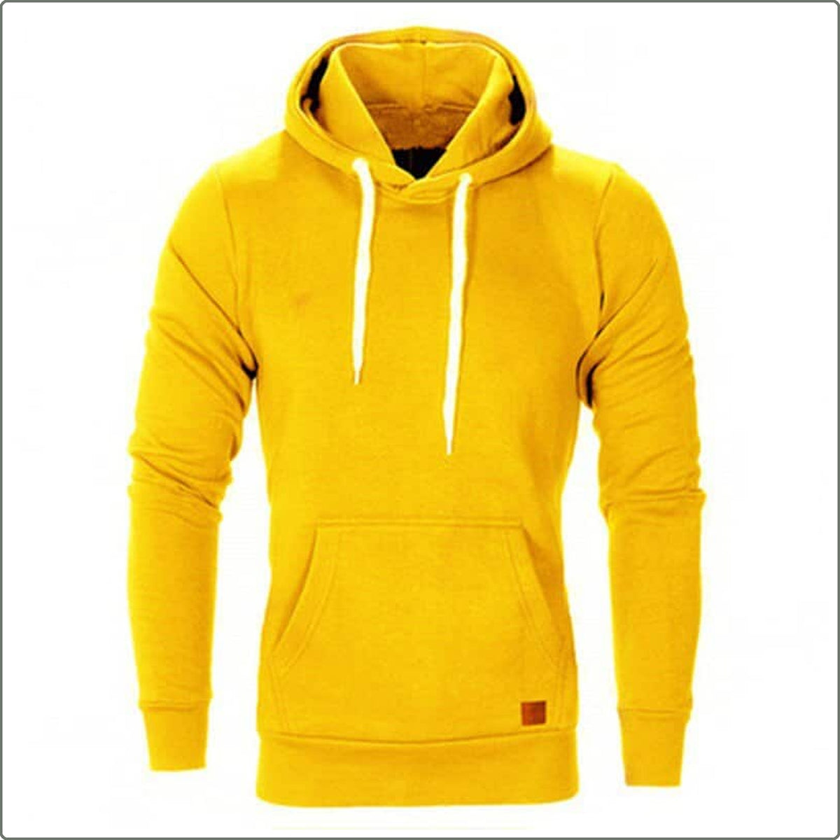 Sweat à capuche jaune vu de face avec cordon blanc