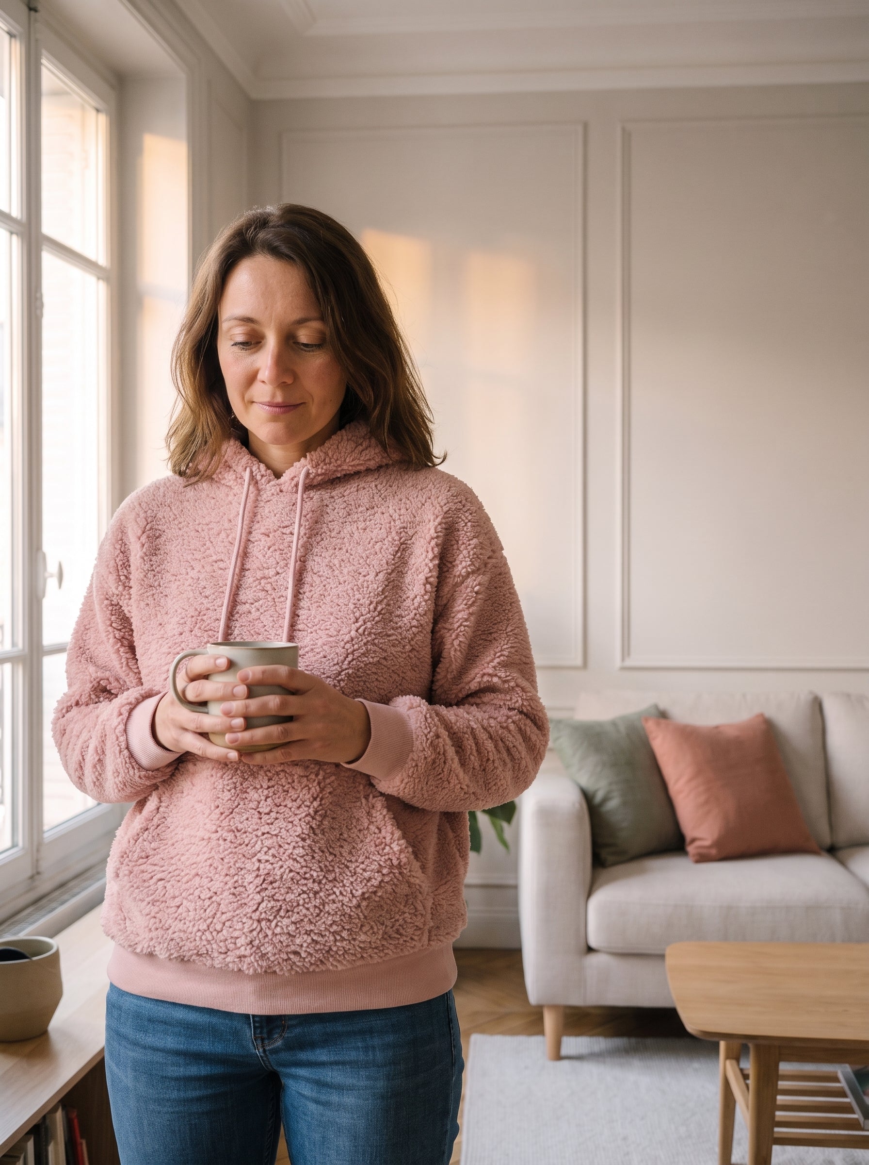 Femme du casting portant le sweat à capuche peluche rose près de la fenêtre Image