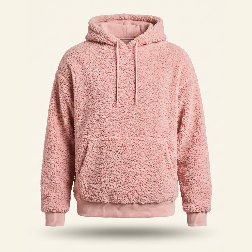 Sweat à capuche peluche rose avec poche kangourou sur mannequin invisible