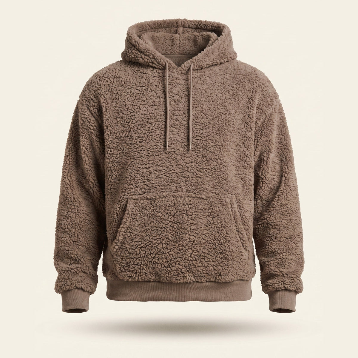 Sweat à capuche peluche marron avec poche kangourou sur mannequin invisible