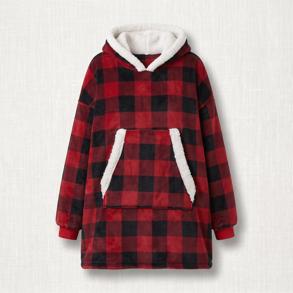 Plaid a manches a capuche a carreaux rouge et noir vu de face, capuche et poche doublees sherpa