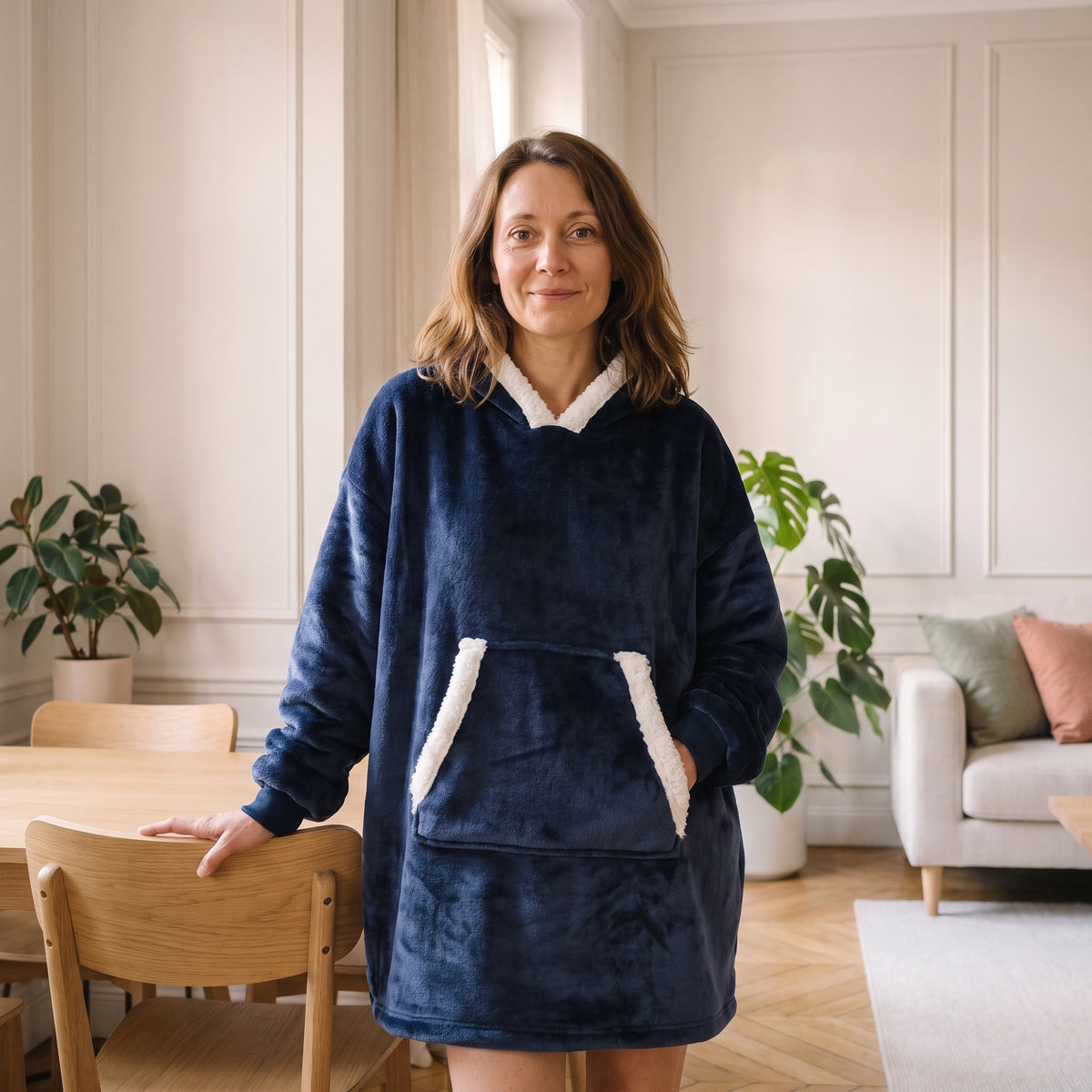 Femme portant le sweat plaid polaire extra large bleu dans le coin repas