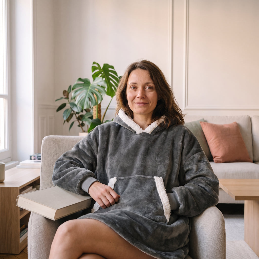 Femme portant le sweat plaid polaire extra large gris dans un coin lecture