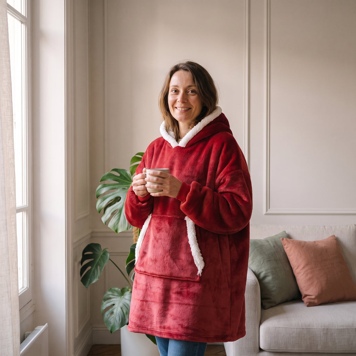 Femme portant le sweat plaid polaire extra large rouge près de la fenêtre