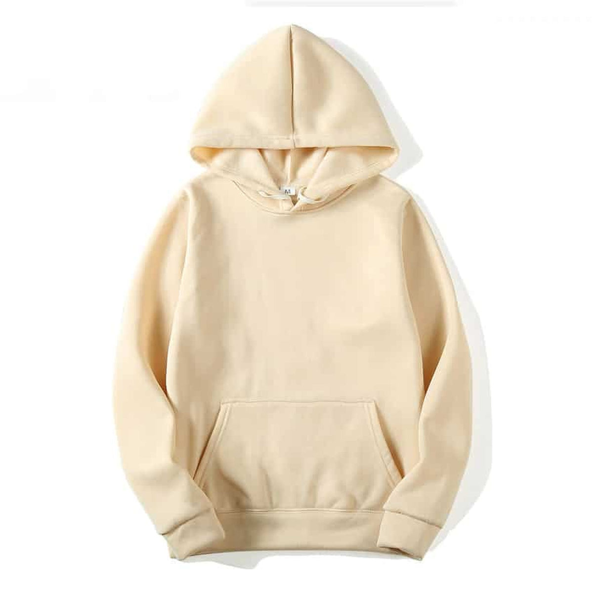 Sweat à capuche mixte uni beige présenté de face