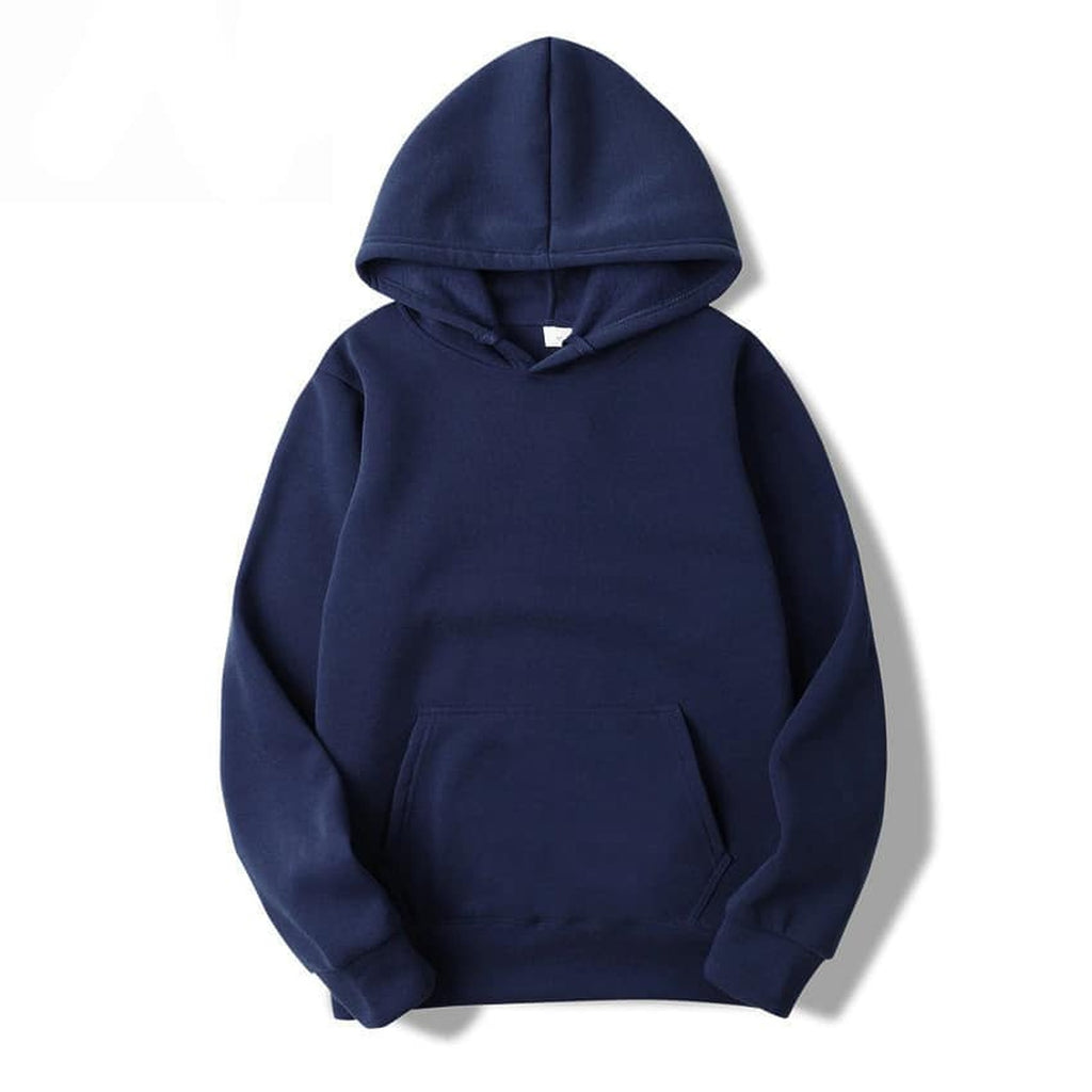 Sweat à capuche mixte uni bleu foncé présenté de face
