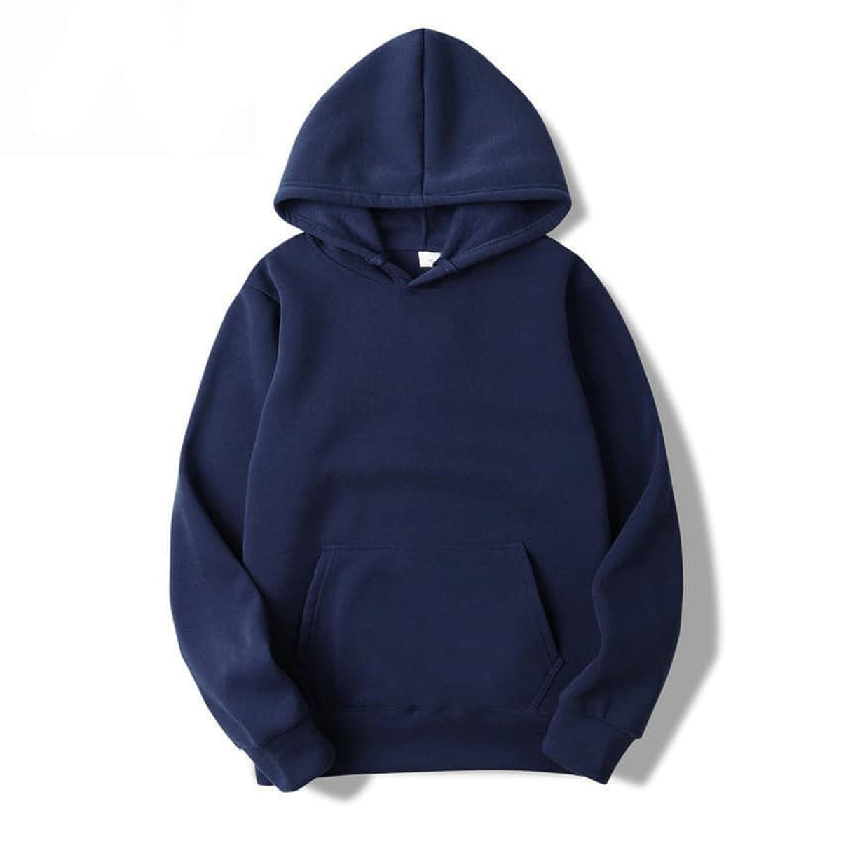 Sweat à capuche mixte uni bleu foncé présenté de face