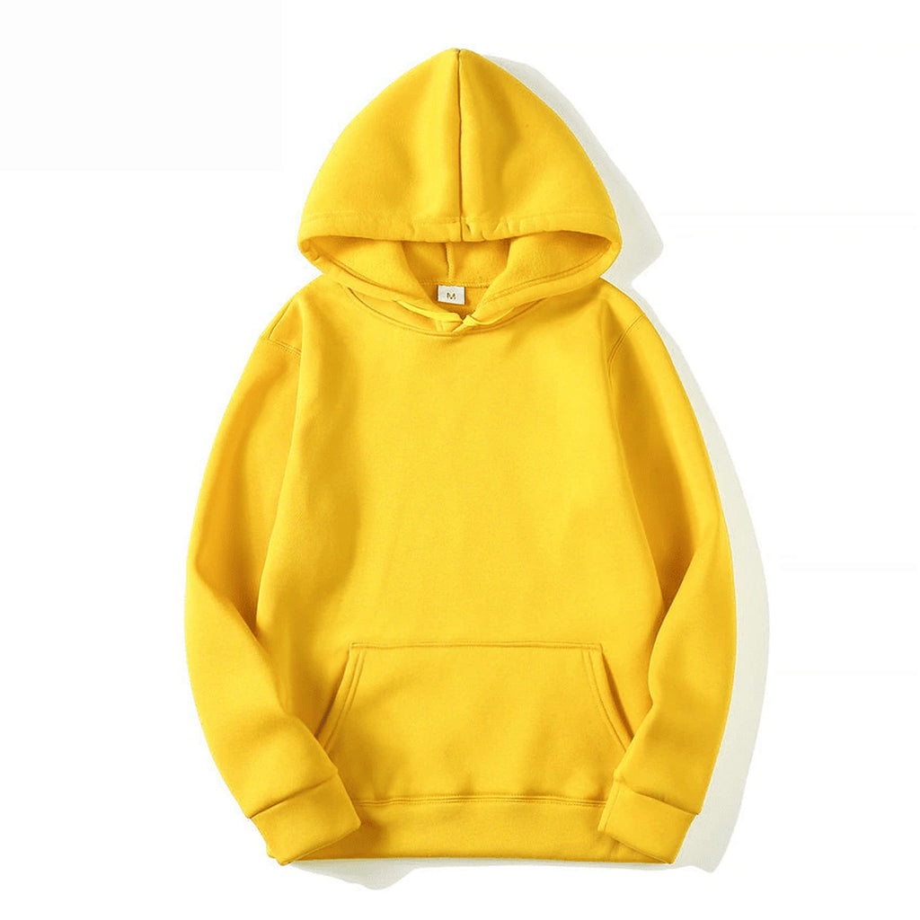 Sweat à capuche mixte uni jaune présenté de face