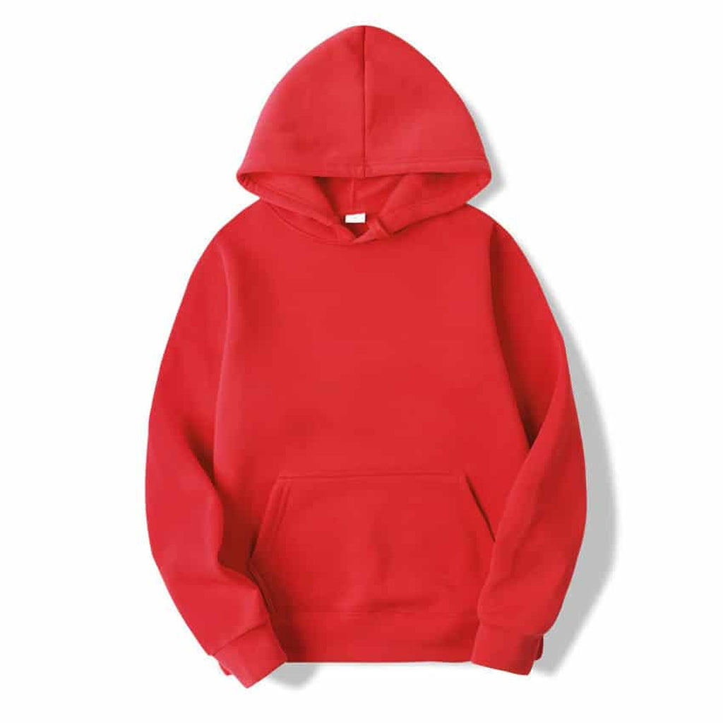 Sweat à capuche mixte uni rouge présenté de face