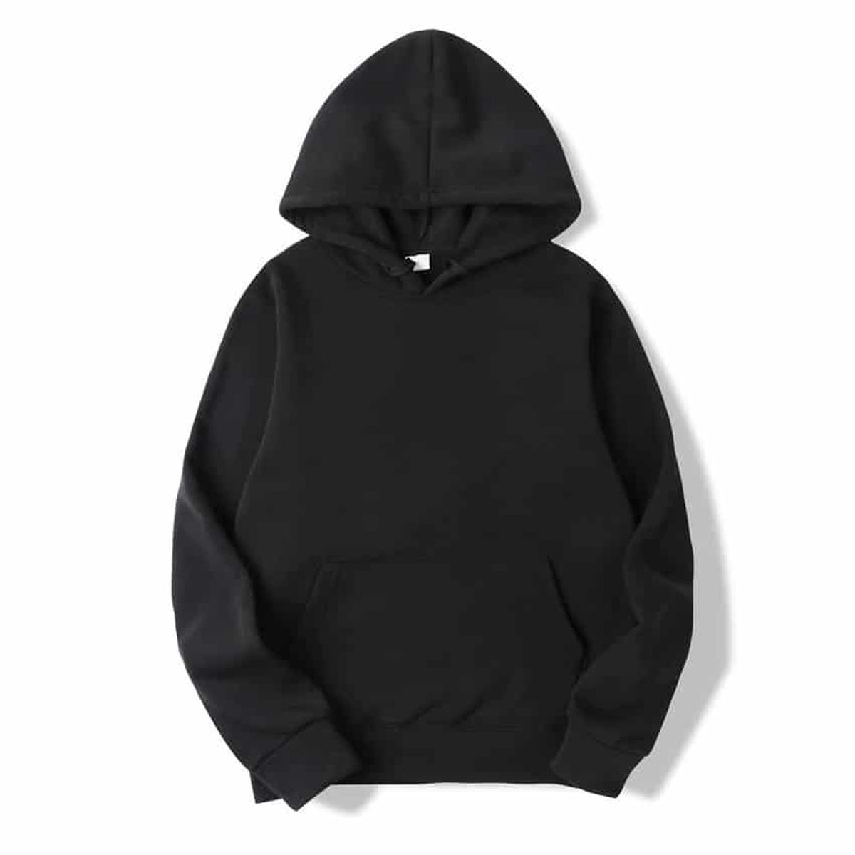 Sweat à capuche mixte uni noir présenté de face