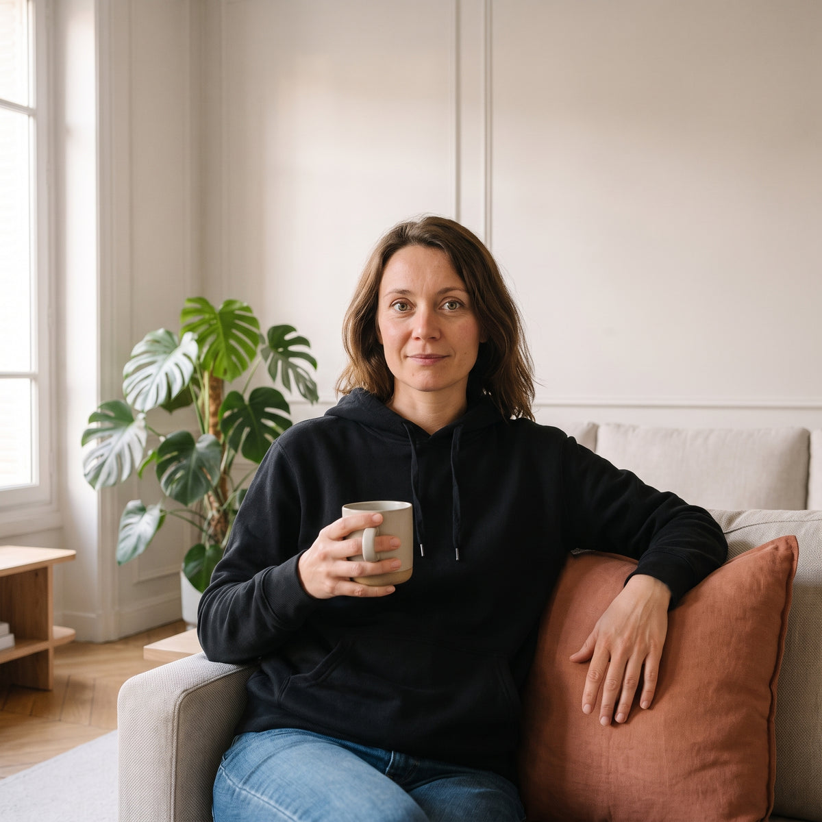 Femme châtain portant le sweat à capuche noir assise avec une tasse dans le salon