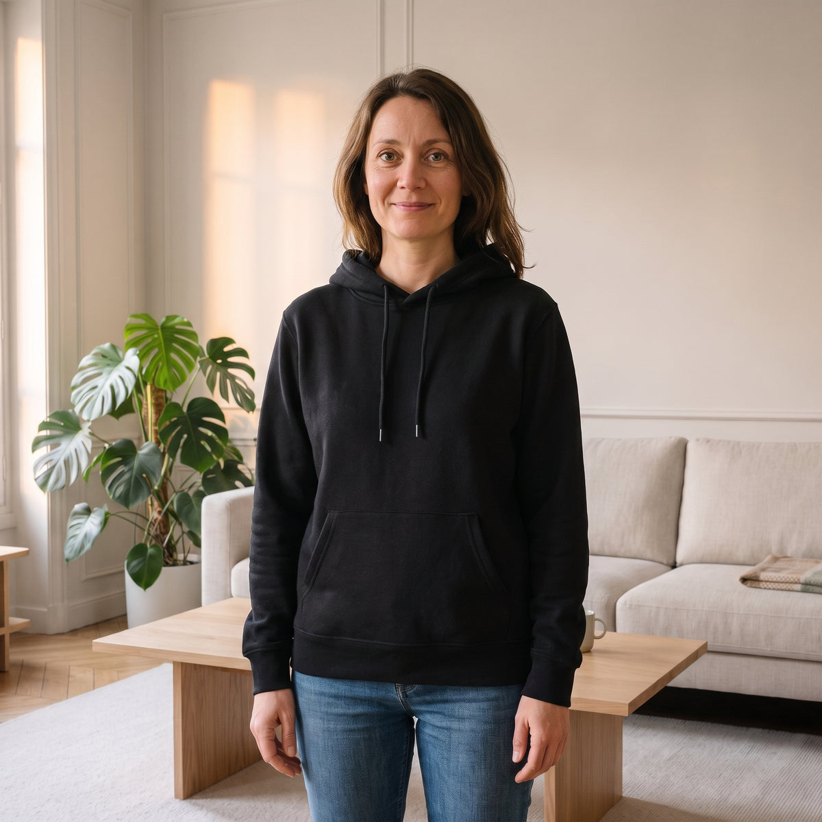 Femme châtain du casting Moment Cocooning portant le sweat à capuche noir dans un salon