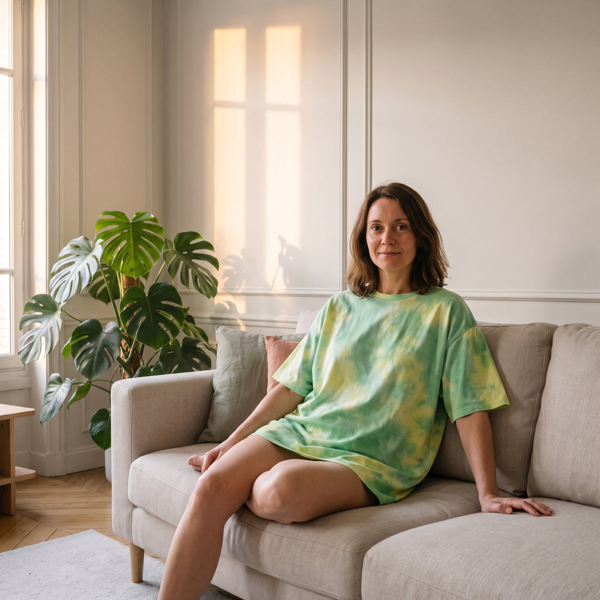 Femme en T-shirt ample tie-dye vert et jaune assise dans le salon Image
