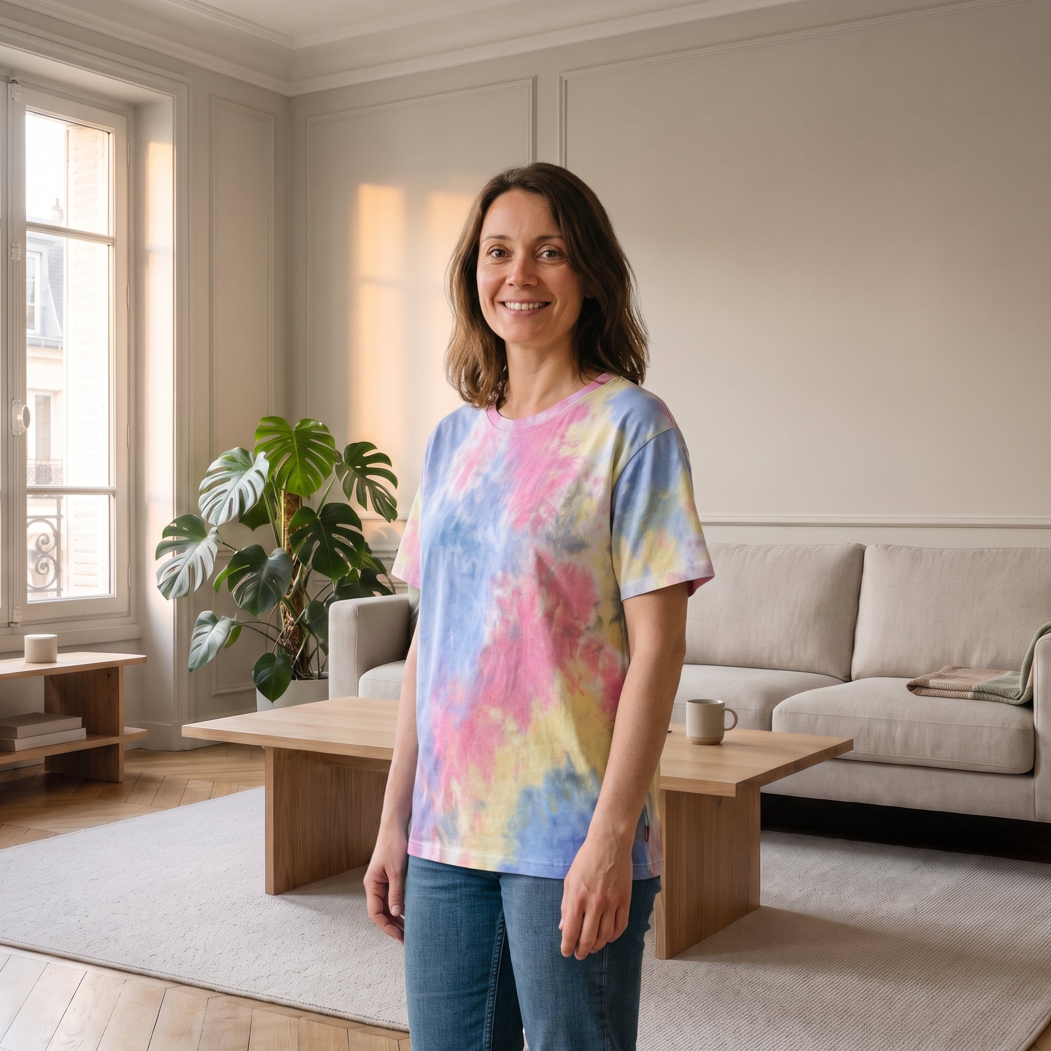 Femme portant le T-shirt ample tie-dye bleu rose et jaune Image