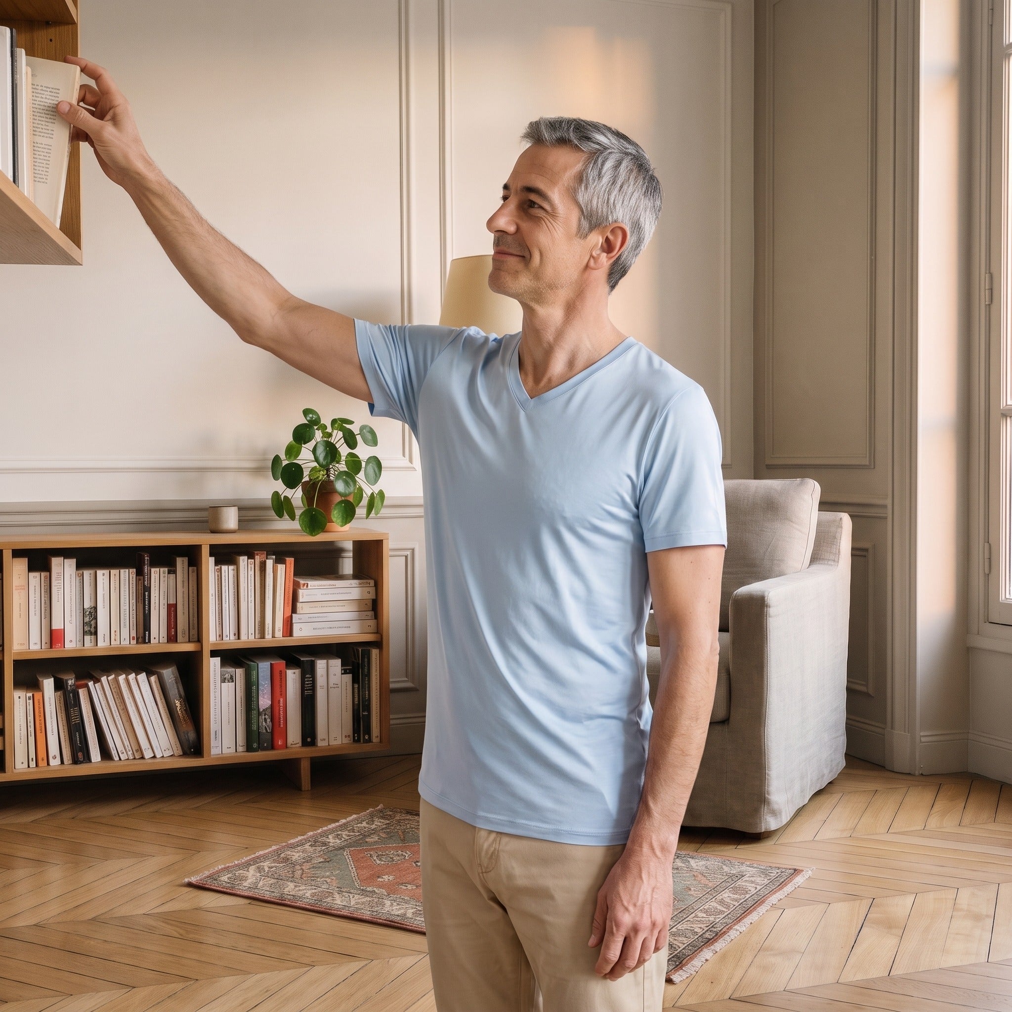 Homme en t-shirt col V bleu ciel, bras leve vers l etagere haute pour prendre un livre, l ourlet du t-shirt reste en place sur la hanche Image