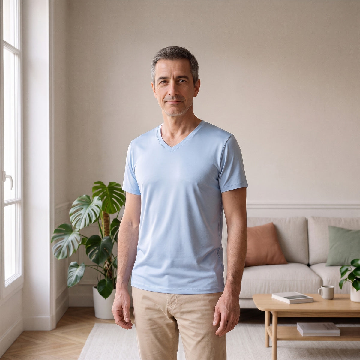 T-shirt col V homme bleu ciel porte de face dans un salon, l ourlet descend sous la ceinture du pantalon beige