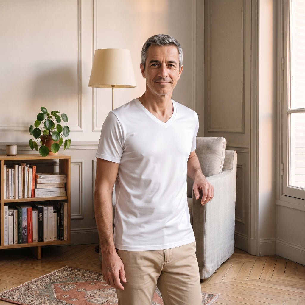 T-shirt col V homme blanc porte de trois quarts pres d un fauteuil, une main posee sur le dossier