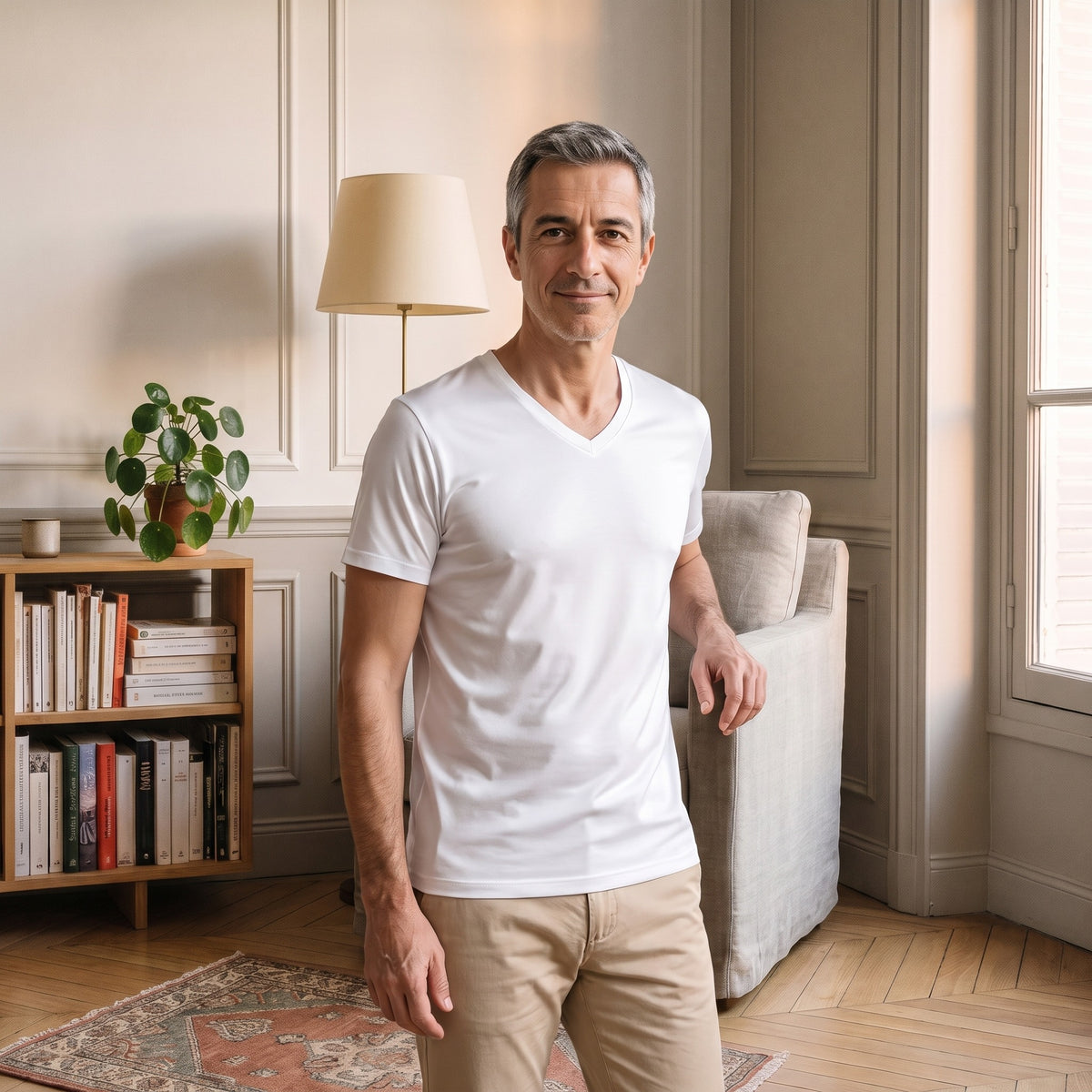 T-shirt col V homme blanc porte de trois quarts pres d un fauteuil, une main posee sur le dossier