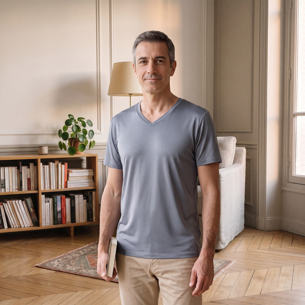 T-shirt col V homme gris porte devant une bibliotheque basse, un livre ferme a la main