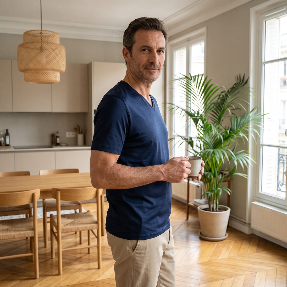 T-shirt col V homme bleu marine porte de trois quarts dans un coin repas, une tasse a la main