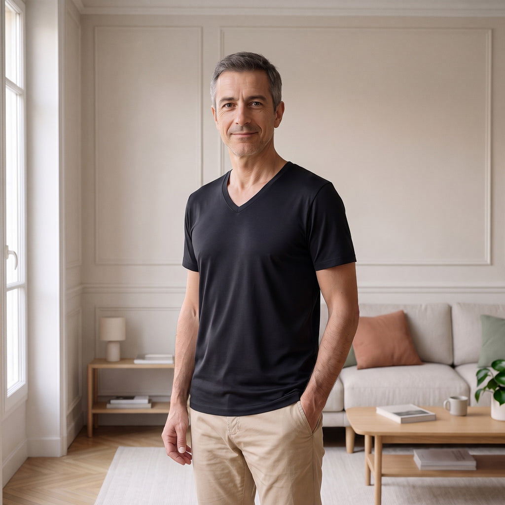 T-shirt col V homme noir porte de trois quarts dans un salon, une main dans la poche
