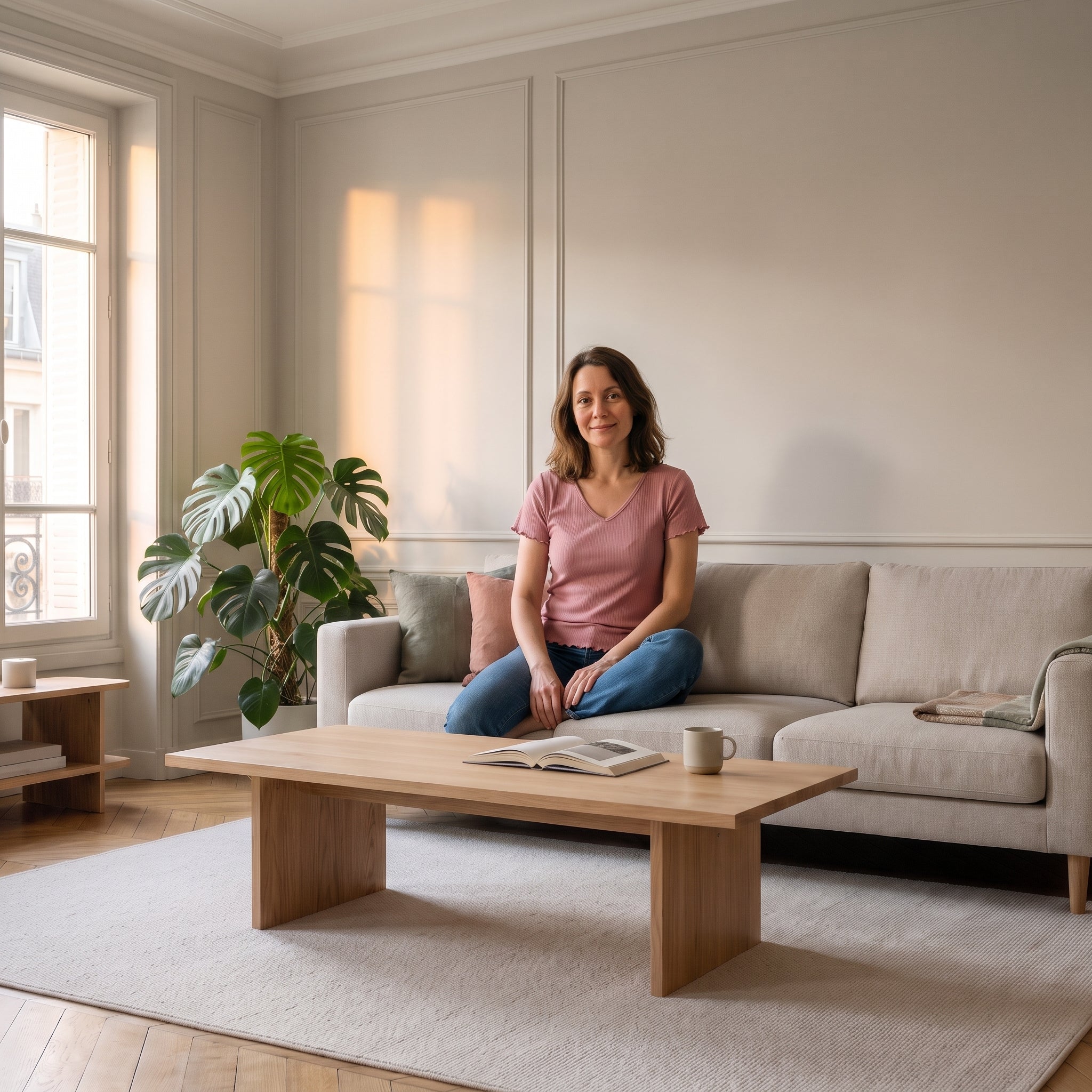 Femme assise en tailleur sur son canapé, en t-shirt côtelé vieux rose Image