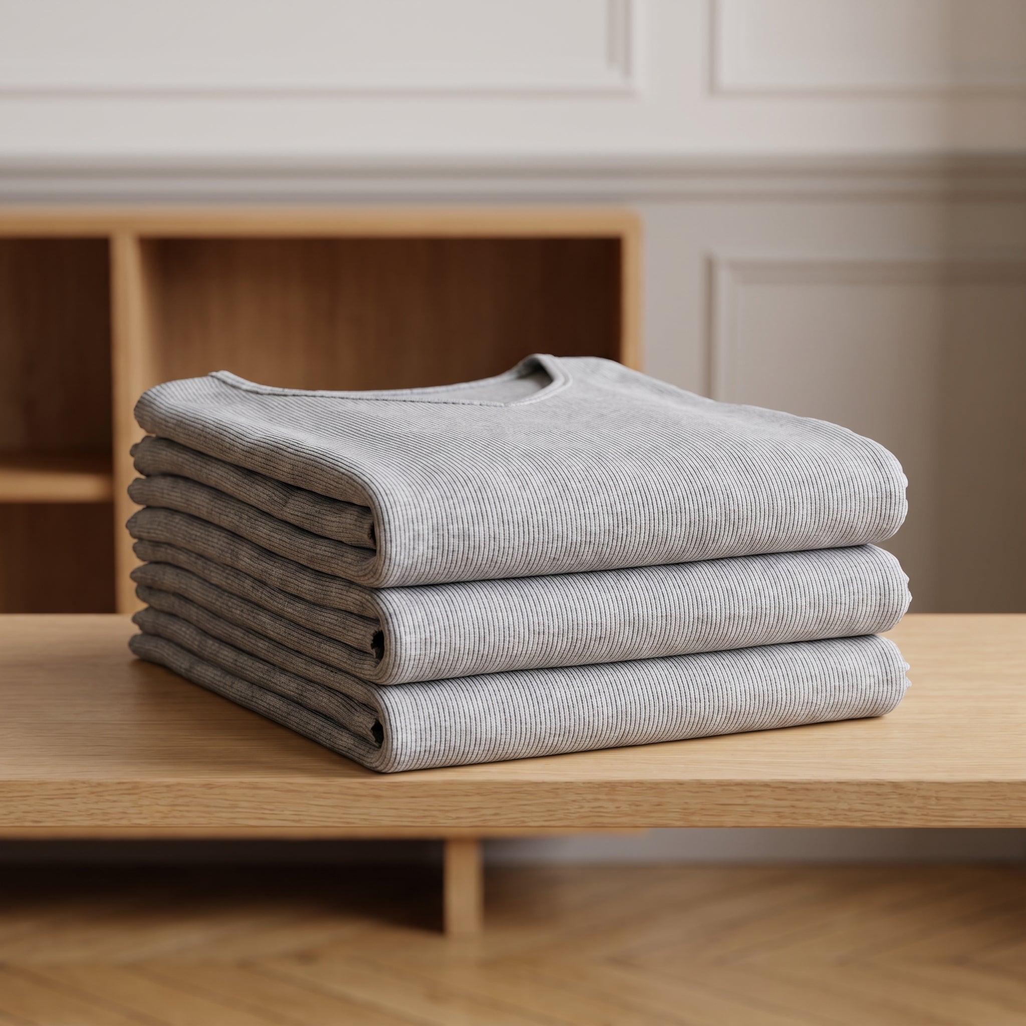 Trois t-shirts côtelés gris chiné pliés en pile sur une étagère en bois clair Image