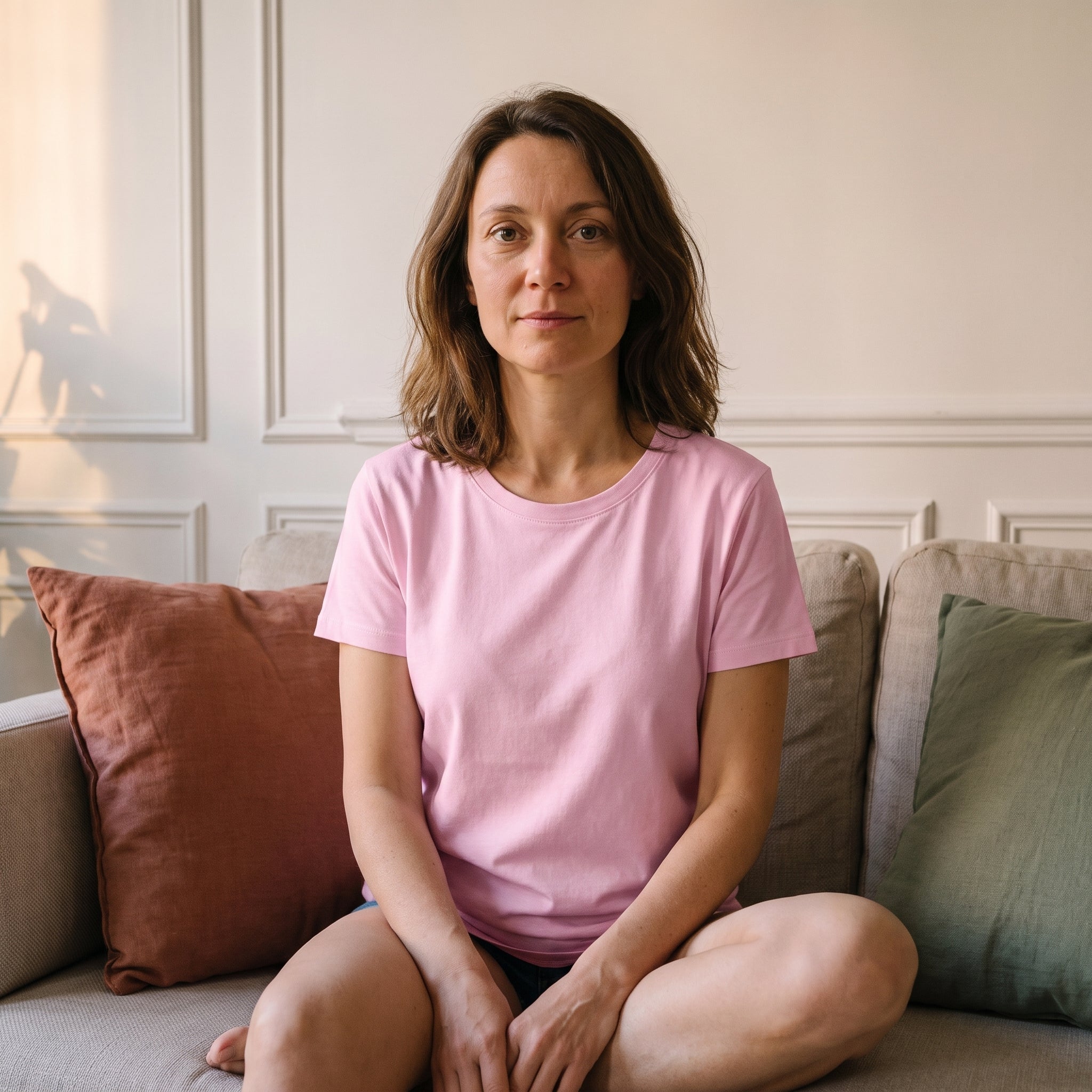 Femme en t-shirt rose clair, assise en tailleur sur le canapé du salon Image