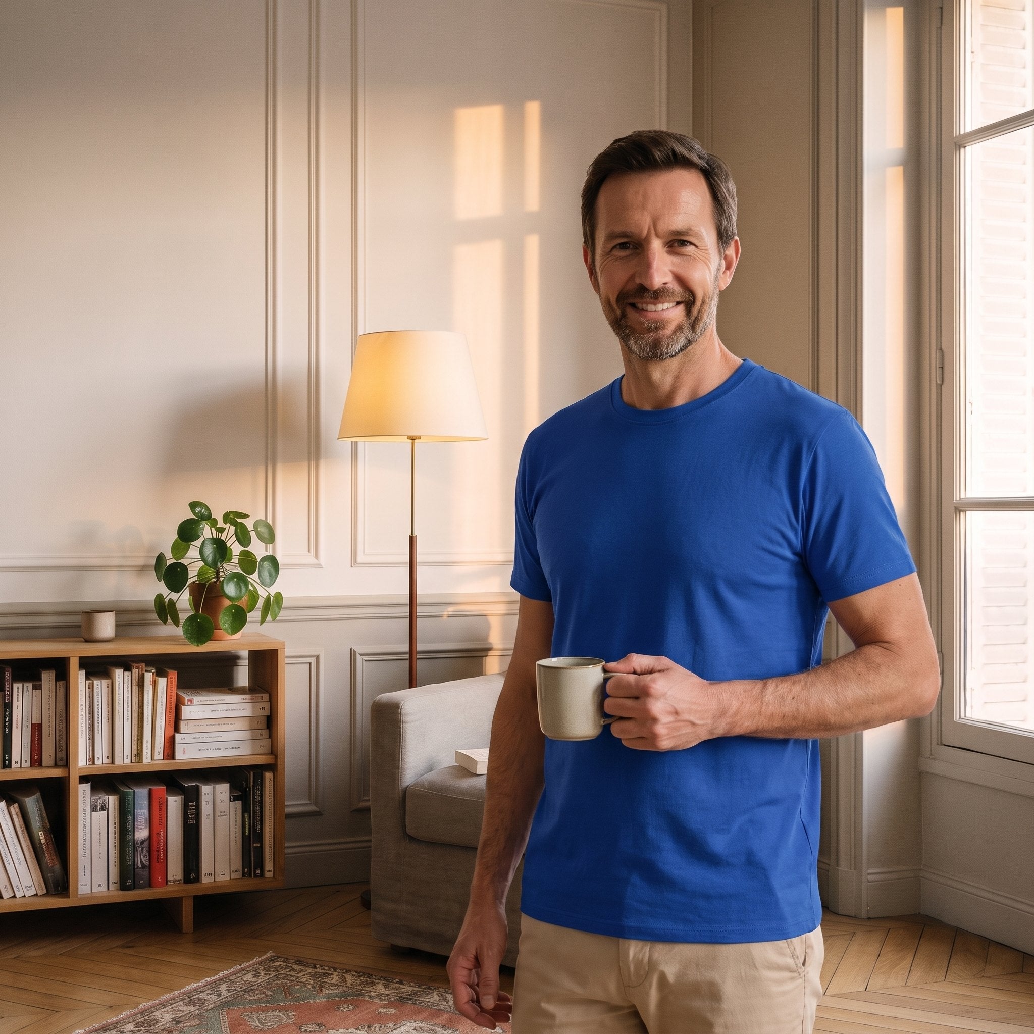 T-shirt bleu foncé porté par un homme, une tasse à la main, près d'une fenêtre Image