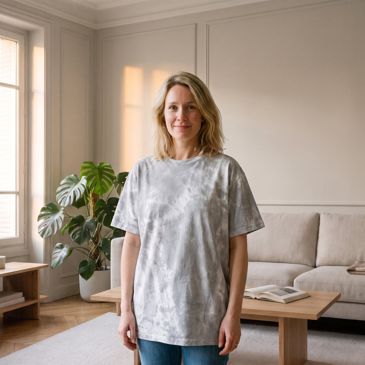 Femme en T-shirt ample tie-dye gris clair dans un salon lumineux