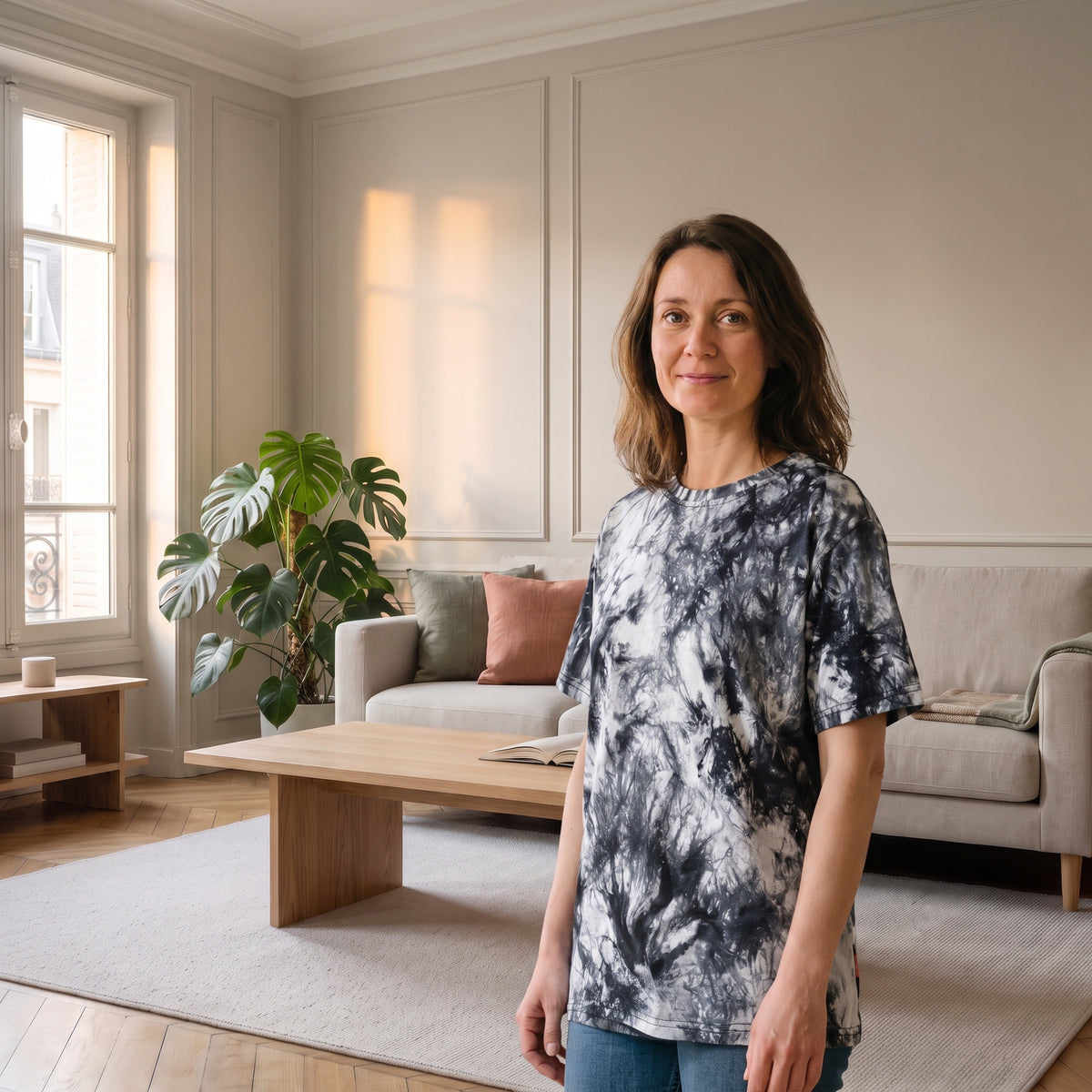Femme en T-shirt ample tie-dye noir et blanc dans un salon lumineux