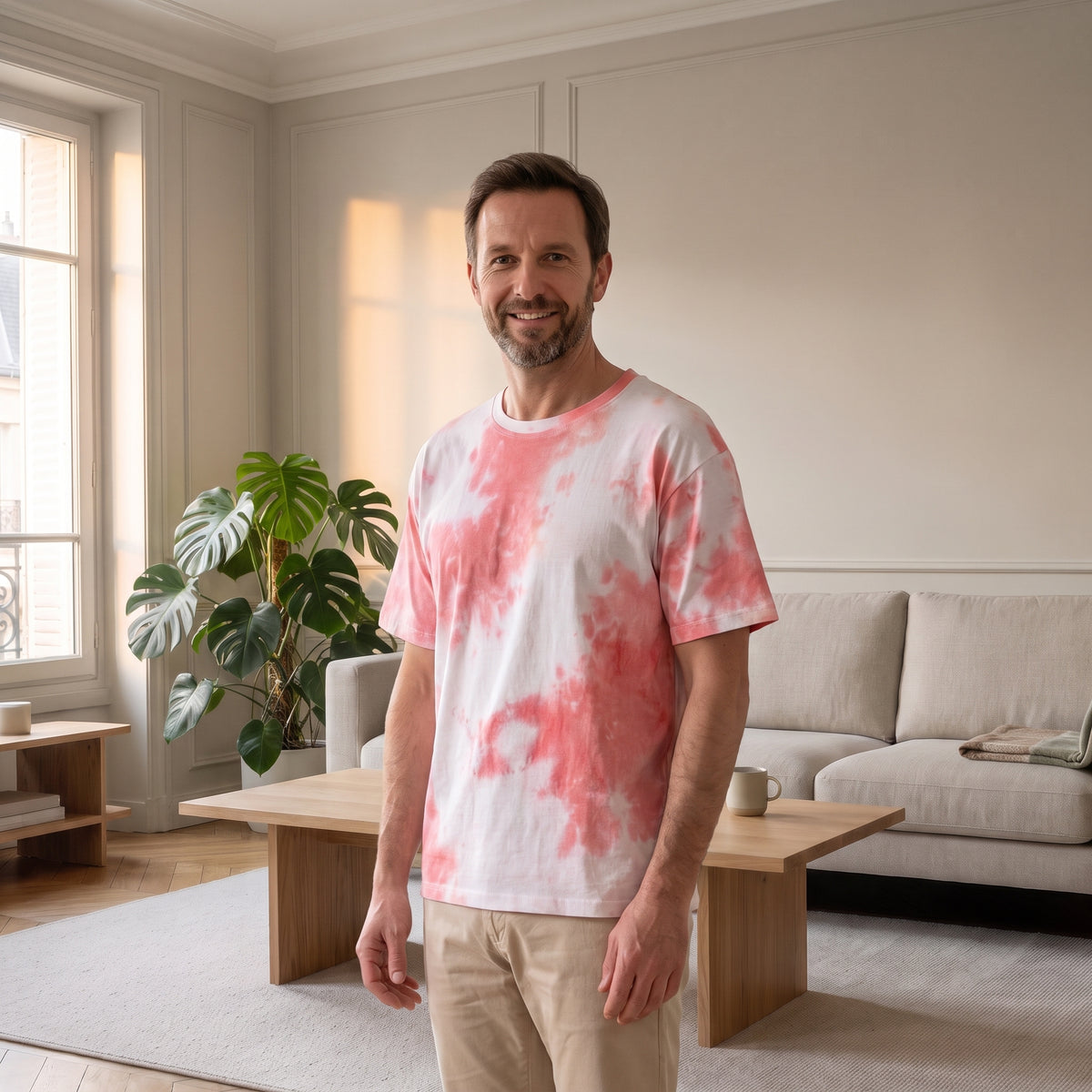 Homme en T-shirt ample tie-dye rose et blanc dans un salon lumineux