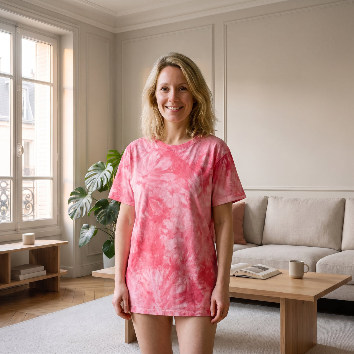 Femme en T-shirt ample tie-dye rose vif dans un salon lumineux
