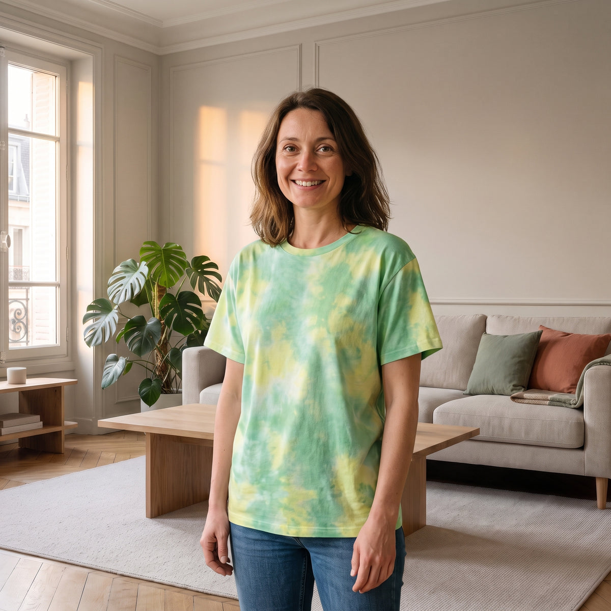 Femme en T-shirt ample tie-dye vert et jaune dans un salon lumineux